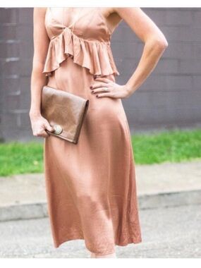H&M Copper Brown Satin Ruffle-Front Midi Dress
